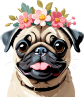 A grumpy but adorable pug puppy is wearing a flower crown. AI-Generated. png