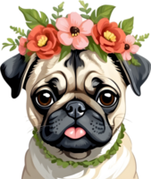 A grumpy but adorable pug puppy is wearing a flower crown. AI-Generated. png