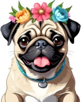 A grumpy but adorable pug puppy is wearing a flower crown. AI-Generated. png