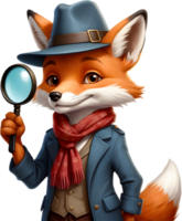 A friendly red fox wearing a detective hat and scarf. AI-Generated. png