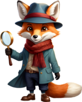 A friendly red fox wearing a detective hat and scarf. AI-Generated. png