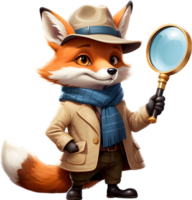 A friendly red fox wearing a detective hat and scarf. AI-Generated. png