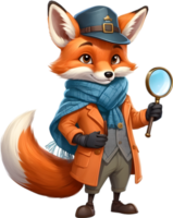 A friendly red fox wearing a detective hat and scarf. AI-Generated. png