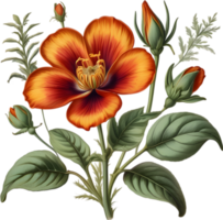 Vibrant flowers are rendered in the style of a vintage botanical illustration. AI-Generated. png