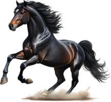 A majestic black stallion reared up on its hind legs. AI-Generated. png