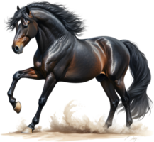 A majestic black stallion reared up on its hind legs. AI-Generated. png