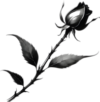 A single black Sumi-e rosebud with a sharp thorn. AI-Generated. png