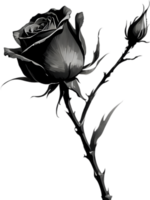 A single black Sumi-e rosebud with a sharp thorn. AI-Generated. png