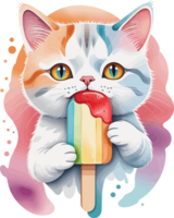 cute cat eating delicious ice pop cartoon illustration, animal clipart for summer decoration, children book, holiday, cafe, baby shower, nursery, logo, cat poster, design element png