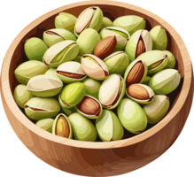 Watercolor styled Pistachio nuts in a wooden bowl isolated illustration, design element for snack, cooking, healthy food, ingredients, vegetarian, nutrition, organic farm, carbs, antioxidant, legume, png