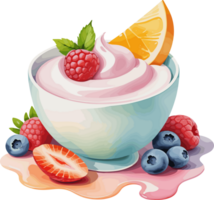 Watercolor delicious strawberry yogurt with fruits, isolated food clipart for healthy breakfast, dessert, probiotic, children, health benefits, diet, dairy product, nutrient, kids, advertisement png