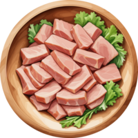 Fresh pork cuts in wooden bowl cartoon clipart , farm fresh meat for preparation, cooking, recipe, healthy, protein, low fat, meat, ingredients, nutrition, barbecue, diet, calories, sticker, logo png