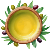 Watercolor extra virgin olive oil in wooden bowl isolated cartoon clipart, design element for cooking, healthy, health benefits, ingredients, fats, vitamin, vegetarian, nutrition, beauty, commercial png