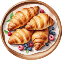 Watercolor delicious crispy and flaky croissants with fruits, isolated food clipart , design element for pastry, quick breakfast idea, food, recipe, bakery, nutrients, homemade pastry png