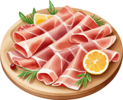 Fresh prosciutto crudo on wooden cutting board, sliced pork cartoon clipart for food preparation, grill, uncooked ham, recipes, meat, high calories, health, ingredients, protein, nutrition, fat, bbq png