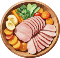 Schweinefleisch Scheiben und Gemüse im hölzern Teller Karikatur Clip Art zum Vorbereitung, Kochen, Rezept, gesund, Fleisch, Zutaten, Eiweiß, Ernährung, vegan Schinken, Kalorien, Diät, kalt Schnitt Fleisch, Aufkleber, Logo png