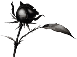 A single black Sumi-e rosebud with a sharp thorn. AI-Generated. png