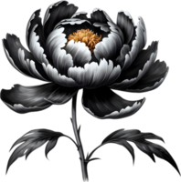 A black Sumi-e peony flower. AI-Generated. png