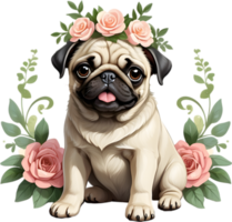 A grumpy but adorable pug puppy is wearing a flower crown. AI-Generated. png