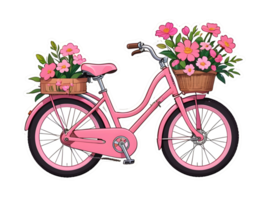 Cartoon pink bicycle with flowers sticker with white contour isolated png