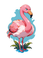 Cartoon pink flamingo on the blue background sticker with white contour isolated png
