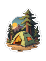 dessin animé camping tente dans le forêt autocollant avec blanc contour isolé png