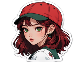 dessin animé magnifique femelle adolescent personnage avec rouge cheveux et vert yeux portant rouge casquette png