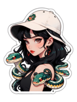 Cartoon beautiful female character with dark hair and brown eyes with snake sticker with white border png