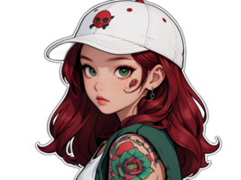 cartone animato bellissimo femmina adolescente personaggio con rosso capelli e tatuaggio indossare bianca berretto etichetta con bianca confine png