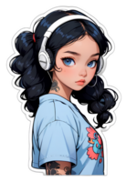 tecknad serie skön kvinna tonåring karaktär med blå hår och stor hörlurar lyssnande till musik klistermärke med vit gräns png