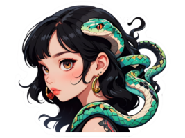 Cartoon beautiful female character with dark hair and brown eyes with snake sticker with white border png