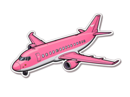 Cartoon pink airplane sticker with white contour isolated png