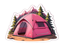 Cartoon pink camping tent sticker with white contour isolated png