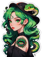 desenho animado lindo fêmea personagem com verde cabelo e verde olhos com serpente adesivo com branco fronteira png