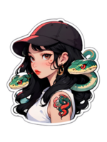 Cartoon beautiful female character with dark hair and brown eyes with snake sticker with white border png