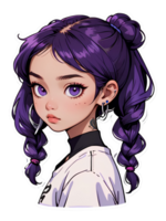 Cartoon beautiful female teenager character with purple hair and purple eyes sticker with white border png