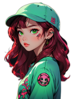 desenho animado lindo fêmea adolescente personagem com vermelho cabelo e verde olhos vestindo verde boné adesivo com branco fronteira png