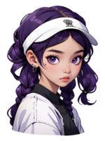 Cartoon beautiful female teenager character with purple hair and purple eyes sticker with white border png