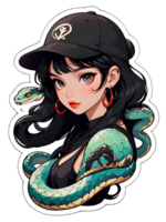 Cartoon beautiful female character with dark hair and brown eyes with snake sticker with white border png