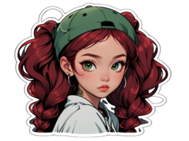 tecknad serie skön kvinna tonåring karaktär med röd hår och grön ögon bär grön keps klistermärke med vit gräns png