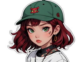 Cartoon beautiful female teenager character with red hair and green eyes wearing green cap sticker with white border png