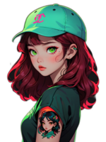 desenho animado lindo fêmea personagem com vermelho cabelo e verde olhos com tatuagem vestindo verde boné png