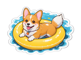 Playful corgi dog floating on inflatable yellow ring in blue water sticker with white contour png