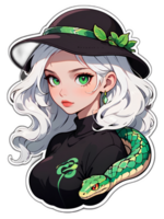 desenho animado lindo fêmea personagem com branco cabelo e verde olhos com serpente adesivo com branco fronteira png