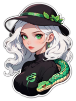 Cartoon beautiful female character with white hair and green eyes with snake sticker with white border png