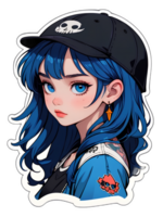 Cartoon beautiful female teenager character with blue hair wearing black cap sticker with white border png