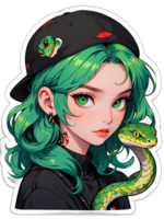 dessin animé magnifique femelle personnage avec vert cheveux et vert yeux avec serpent autocollant avec blanc frontière png