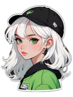 Cartoon beautiful female teenager character with blonde hair wearing black cap sticker with white border png