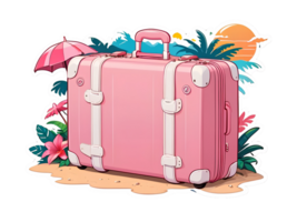 Cartoon pink suitcase sticker with white contour summer vacation concept png