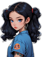 desenho animado lindo fêmea adolescente personagem com azul cabelo e azul olhos vestindo azul camiseta adesivo com branco fronteira png